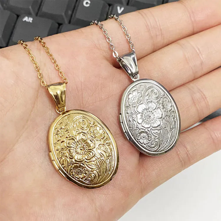 Fashion Openable Memorial Photo Frame Pendant Necklace Dainty 18K Gold Plated Stainless Steel Oval Carved Flower Locket Necklace