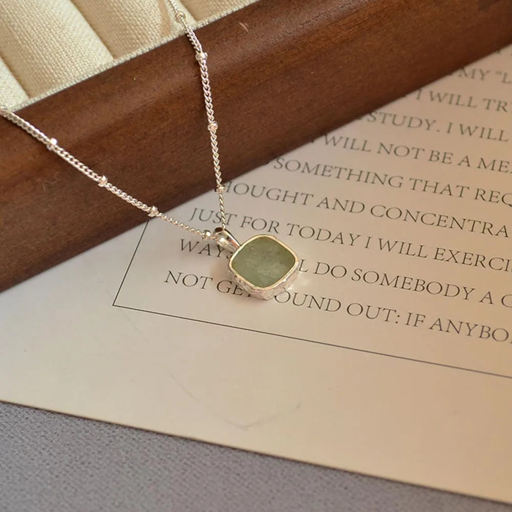 Newest Design Natural Stone Gemstone Geometric Square Aquamarine Necklace for Women