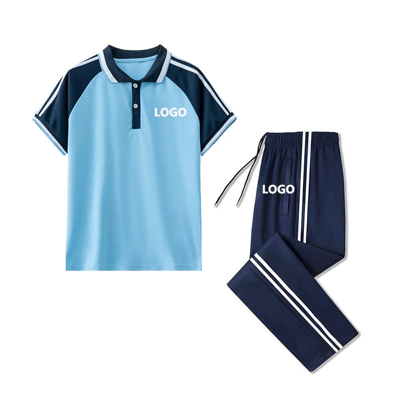 2024 100% Cotton Boys Girls Casual Solid Embroidery Printed Logo Primary Polo Shirts Sets Kids School Uniform