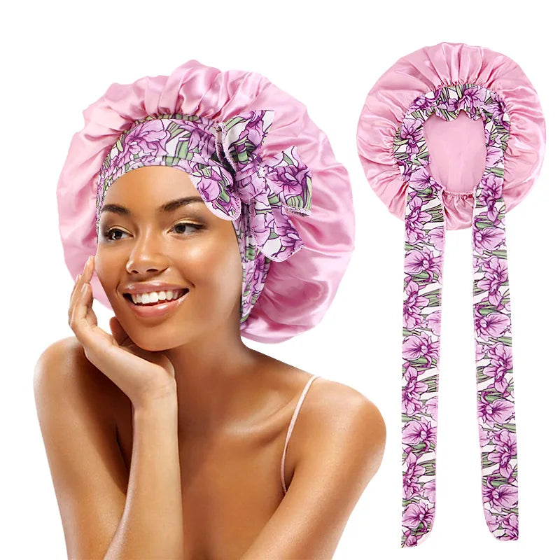 Night Sleep Cap Women Adjustable Straps Elastic Head Hair Wrap Flower Print Tie Band Hair Satin Silk Bonnets
