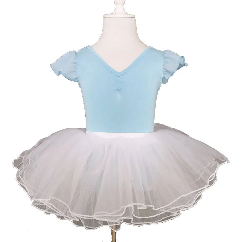 Girls Ruffle Sleeve Ballet Dance Dress Tutu Skirted Leotard