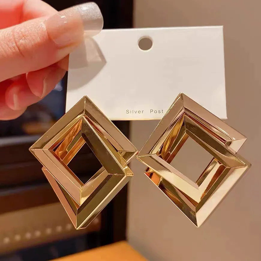 Fashion Gold Metal Simple Diamond Earrings Double Square  Earrings for Women Wholesale N230563