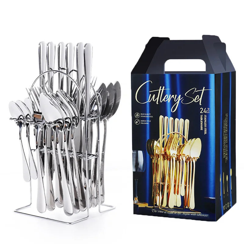 Wholesale Luxury Stainless Steel Vintage Silverware Flatware Banquet 24pcs Cutlery Set in Silver and Gold for Wedding