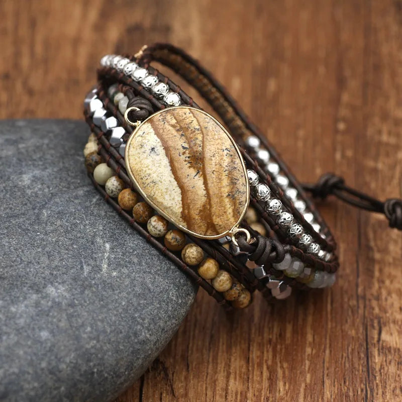 Bohemian Handmade Picture Stone Bracelet Multilayer Leather Wrap Natural Stone Bead Bracelet SKB018