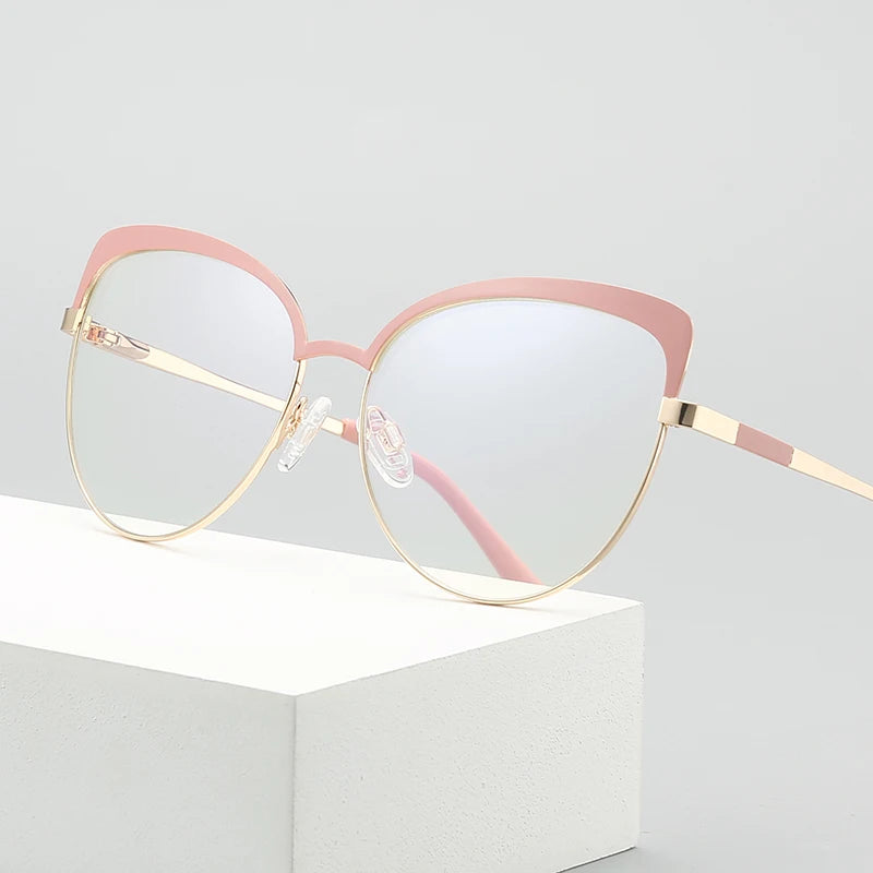UNOC Optical Eyewear Face Cat Eye Glasses Full Black Metal Frames Blue/Gold/Transparent Light Blocking Lenses Available Pink
