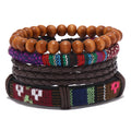 New Fashion Vintage Style 4pcs Leather Braided Geometric Wrap Bracelets with Wood Beads for Men Women Gift