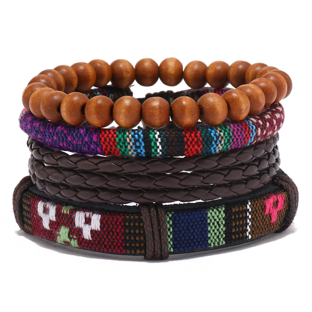 New Fashion Vintage Style 4pcs Leather Braided Geometric Wrap Bracelets with Wood Beads for Men Women Gift
