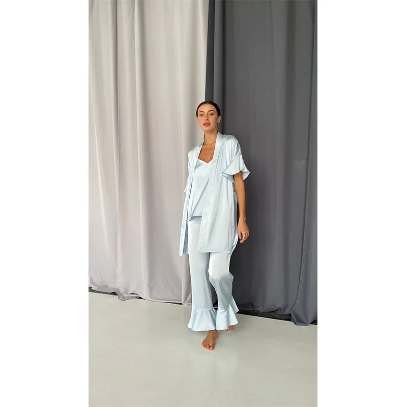 Soft Satin Women's Pajamas Set with Short Ruffled Sleeved Camisole Elegant Bridal Loungewear