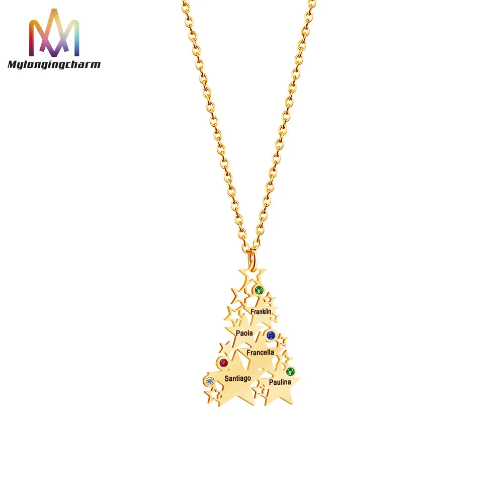 Stainless Steel Diy Engraving Hollow Five Pointed Star Family Christmas Tree Necklace Fashion Jewelry With Birthstone