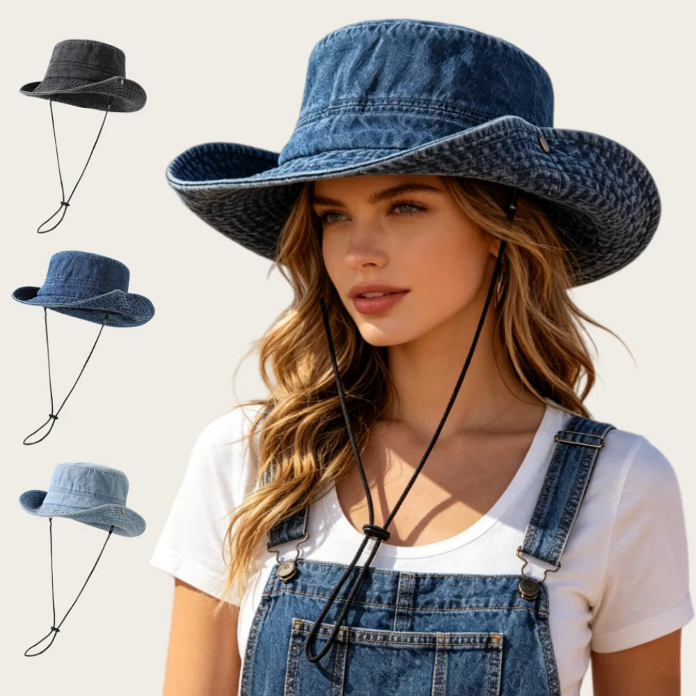 Women's Summer UPF50+ Sun Protection Wide Brim Adjustable  Denim Bucket Hat for Hiking Fishing Travel
