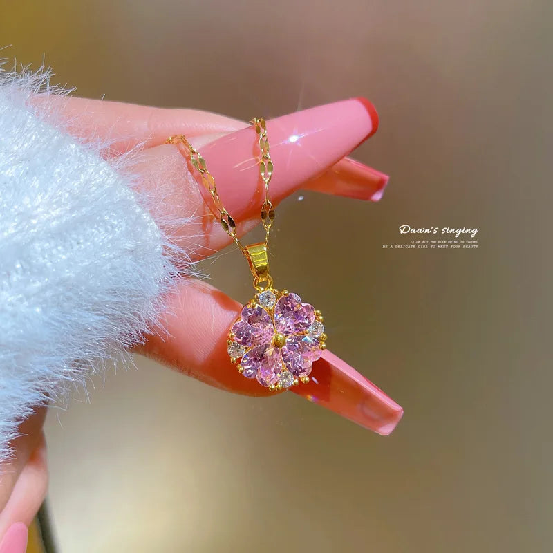 Trendy 18k Gold Plated Stainless Steel Pink Zircon Flower Necklace Jewelry Geometric Round Pendant Necklace for Women
