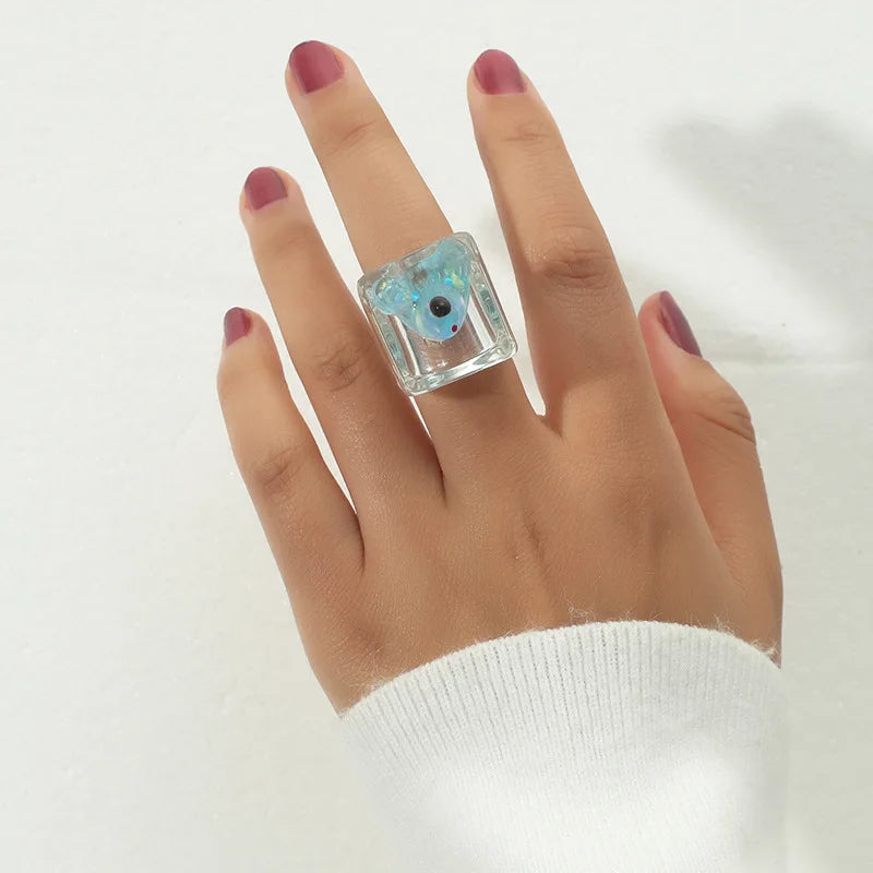 New Korea Colorful Hand Finger Transparent Acrylic Candy Rings Anello Geometric Square Bear Resin Ring