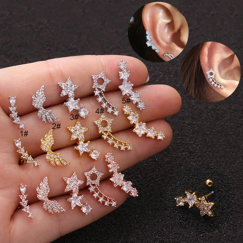 Stainless Steel Ear Piercing Jewelry Curved Cz Cartilage Stud Helix Rook Conch Screw Back Earring for Woman