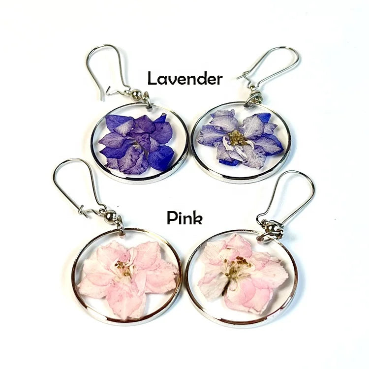 Ivy Fashion Real Delphinium Earrings Resin Jewelry Women Alloy Ear Dangler Dried Flower Charms for Earring 30mm