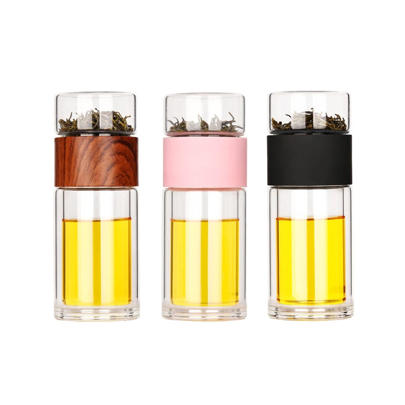 FX Factory Custom 330ml Double Wall Tea Maker Glass Bottle New Design Stainless Steel Filter for Water Separation Applicable