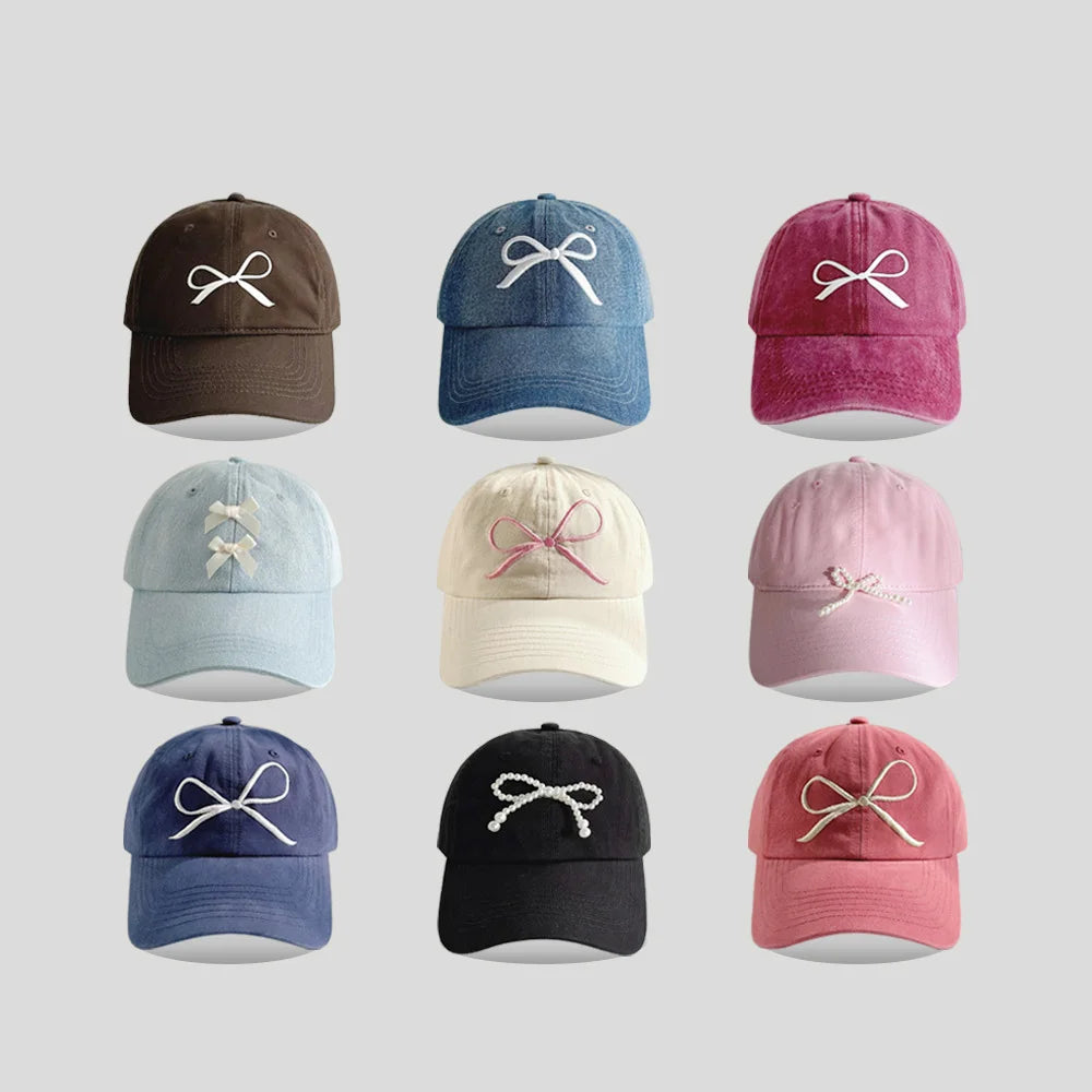 High Quality Women Sporty Style Baseball Hat Embroidery Bow Tie Sunshade Cap for Business Cotton Fabric Girls Casual Wear