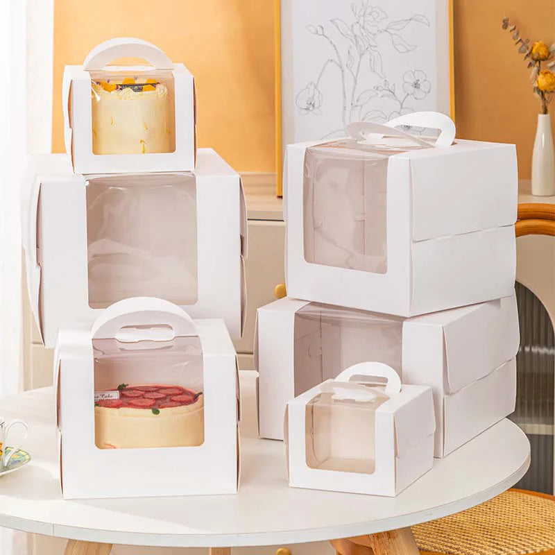 White Portable 4 6 8 Inches Cake Dessert Paper Packing Box in Bulk with Window for Wedding Birthday Party Favor