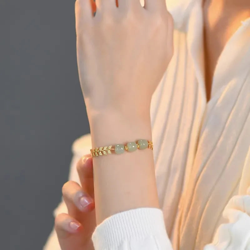 Natural Hetian Jade Stone Beads Bangle Real Gold Plated Wheat Chain Bracelet for Women Gift Jewelry