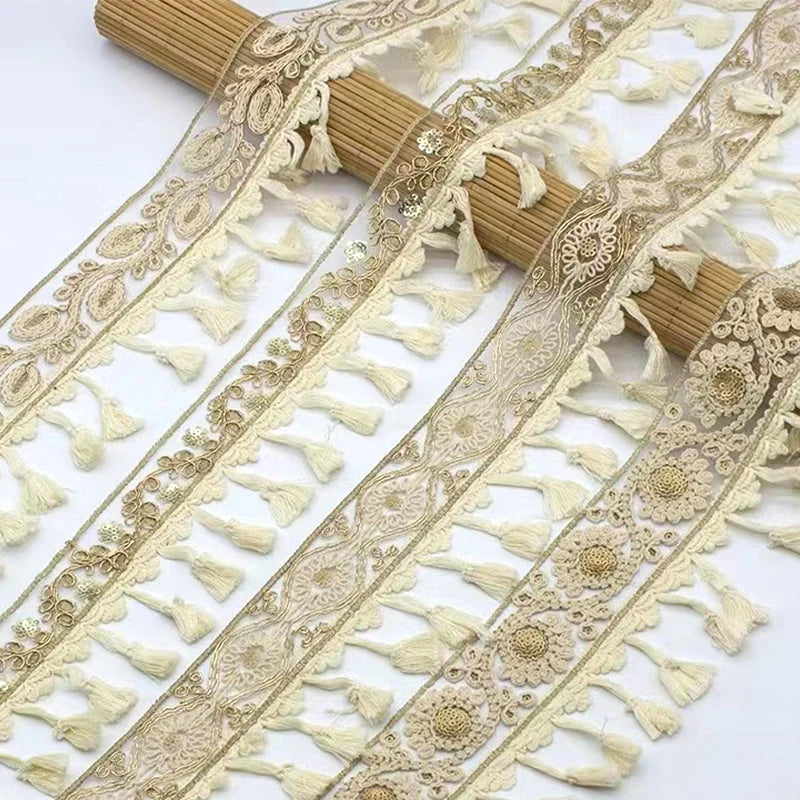 Cotton Tassels Embroidery Shiny Sequin Tassel Fringe Gold Metallic Lace Trim for Garment