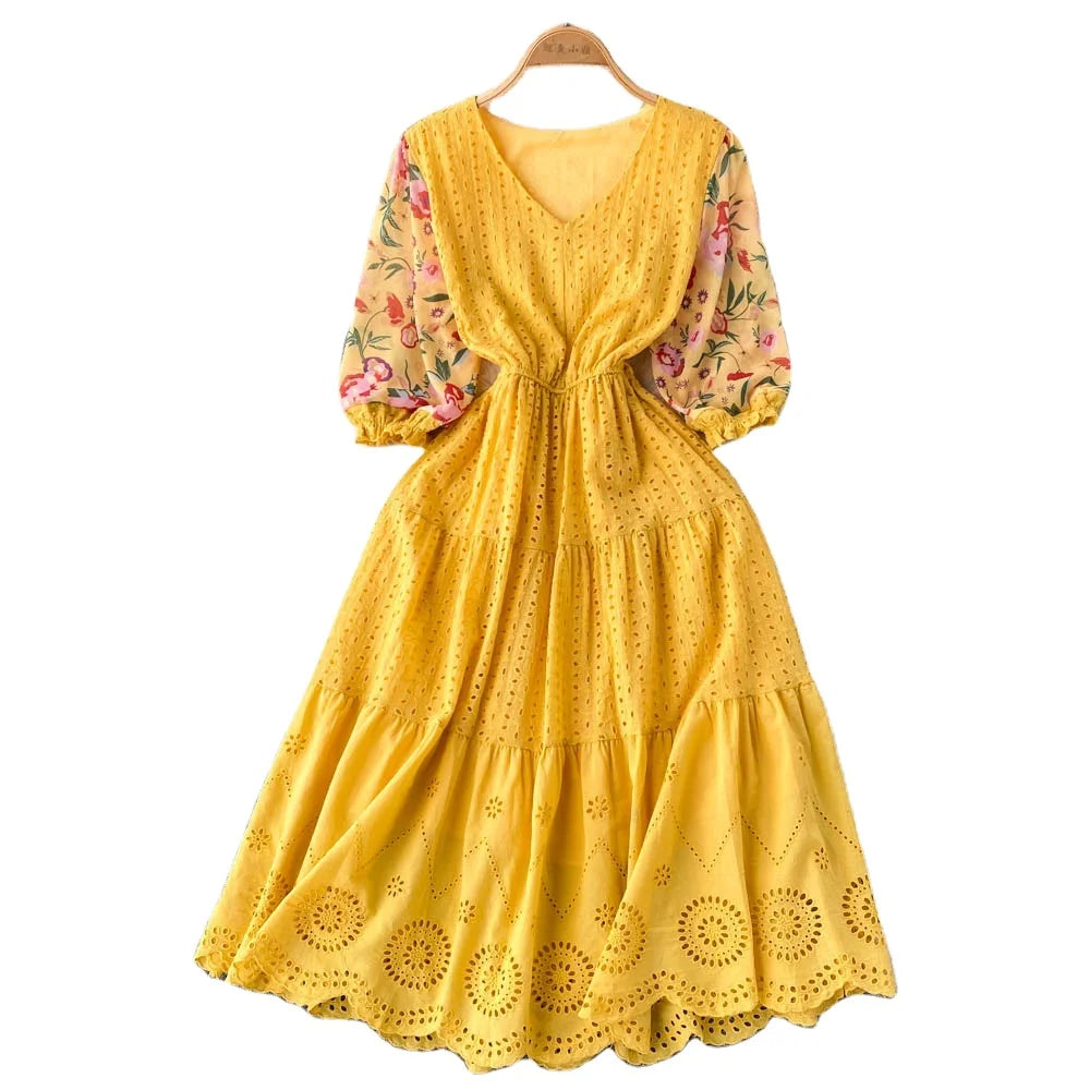 Ethnic Style Printed Patchwork Hollowed Out V-neck Dress for Summer Women Small Stature Seaside Vacation Waist up Skirt
