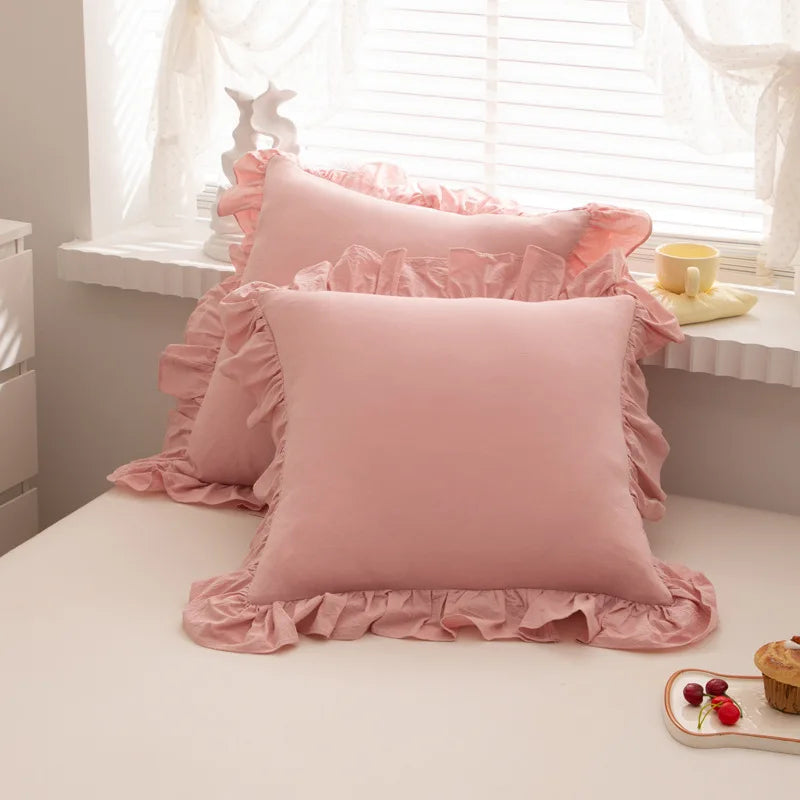 Wholesale Solid Pattern Cushion Pillow Covers Washed Cotton Material with Ruffle Frill Design for Home Hotel and Hospital Use