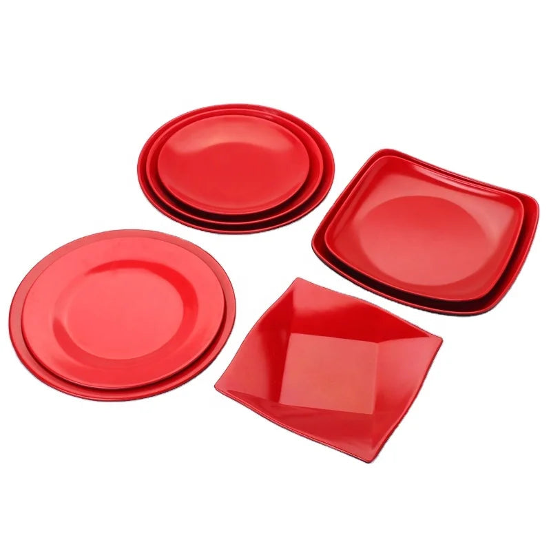 Round  Red and Black Bowls and Plates Melamine Plates Dinnerware Sets Small Flat Plate for Restaurant