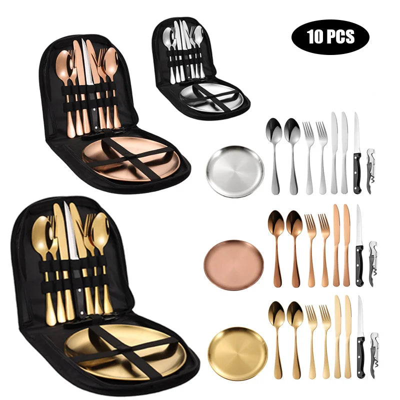 Outdoor Picnic Cutlery Set Stainless Steel Spoon Plate Set Silverware 11Pcs Portable Travel Flatware Set