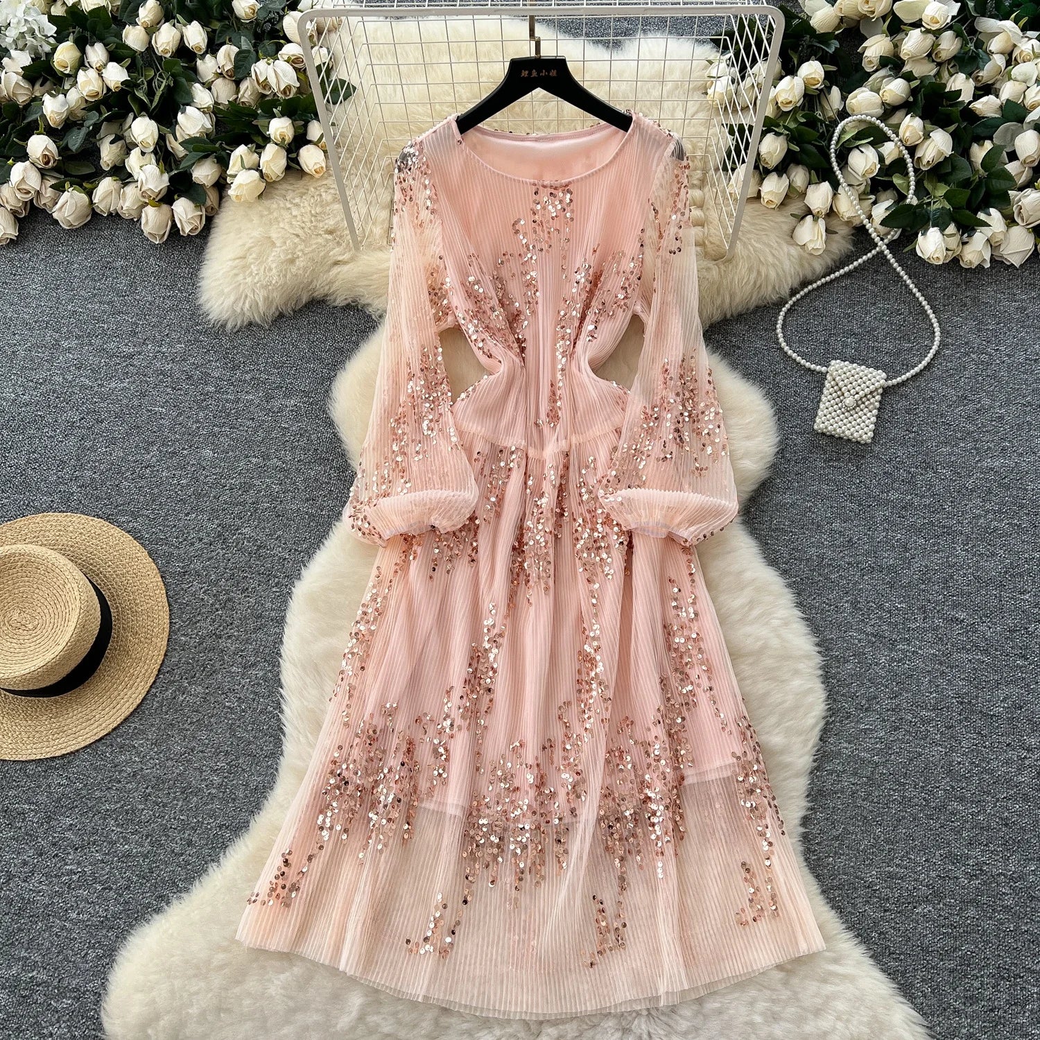 2025 Spring Celebrity Sequin Embroidery Stereoscopic Lace Mesh Long Sleeve Women's Dresses