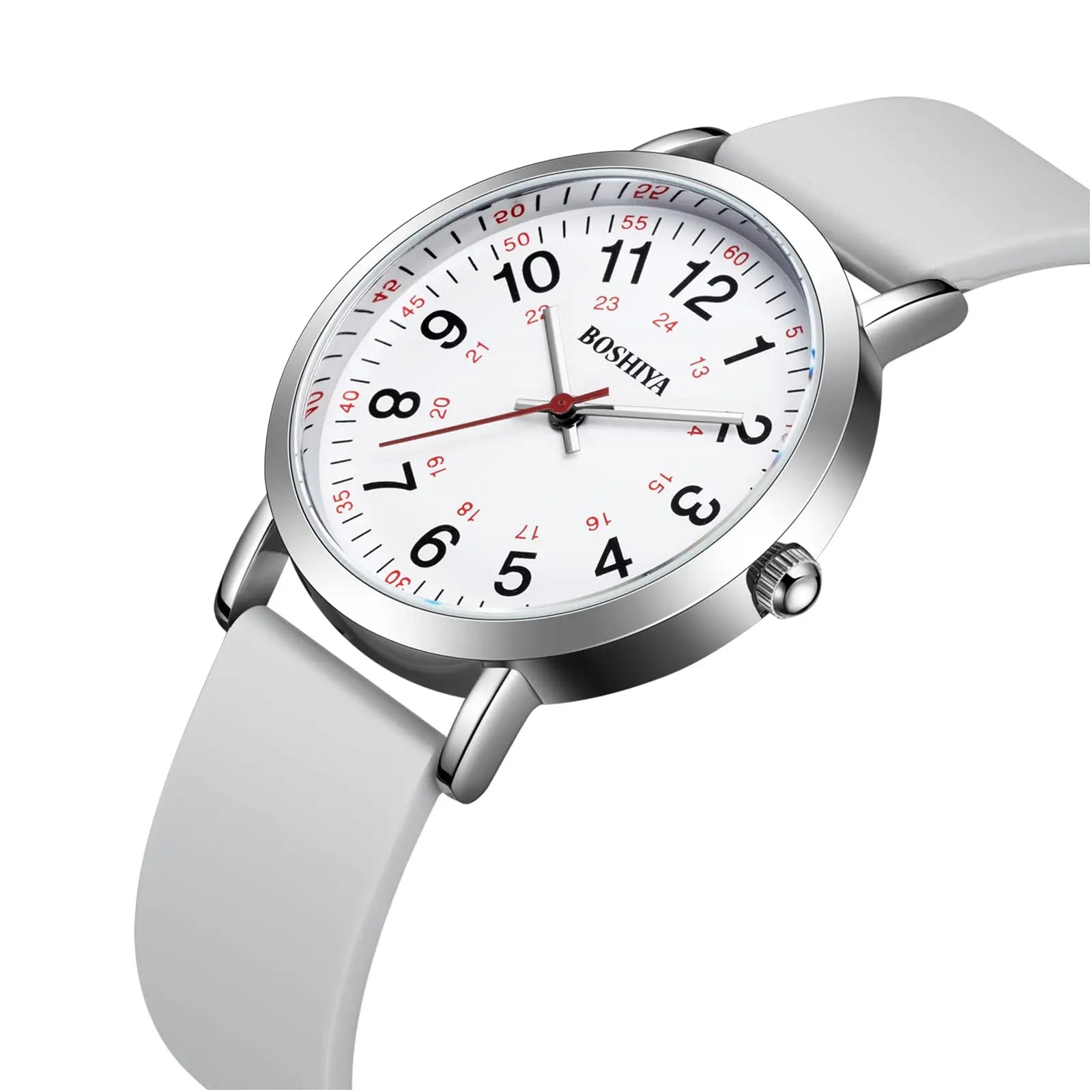 Women's Nurse Watch Quartz Movement Glass Dial Silicone Band 20mm 3BAR Waterproof Easy to Read 24 Hour Display Second Hand