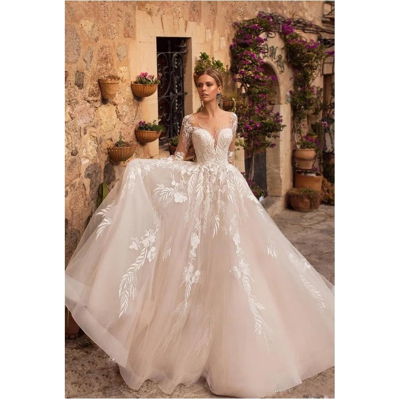 New Arrival Wedding Dresses Sheer Neck Long Sleeve Lace Bridal Gowns Middle East Custom Beach Wedding Dress