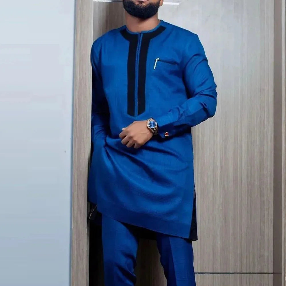 M-4XL African Ethnic Style Solid Color Simple Casual Men's Set Long Sleeve Top and Pants 2 Piece Set Streetwear