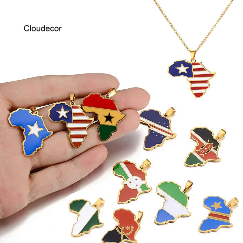 Stainless Steel Pendant Necklace Jewelry Nigeria Ghana Kenya Congo Somalia Ghana Cape Verde Flag Enamel African Map Necklace