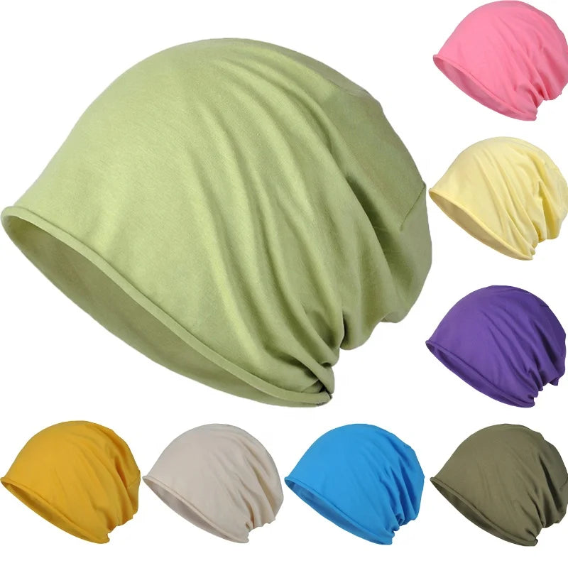 Summer Thin Solid Color Unisex Single Layer Curled Slouchy Soft Cotton Baggy Sleeping Chemo Cap Chunky Beanie