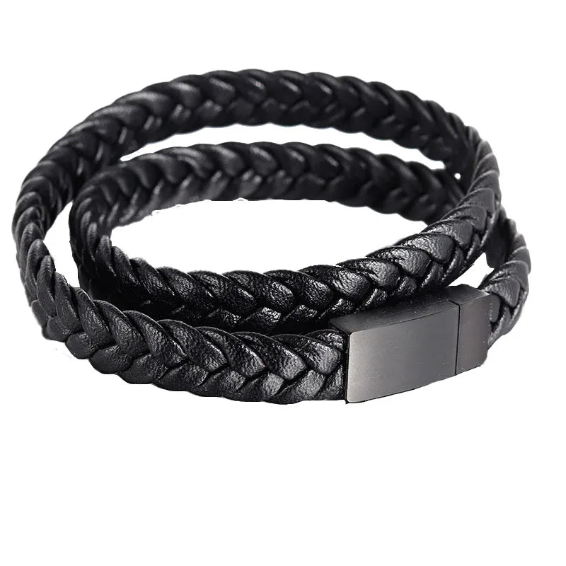 Fashion Jewelry Luxury Stainless Leather Braided Double Bracelet Handmade Wholesale Black