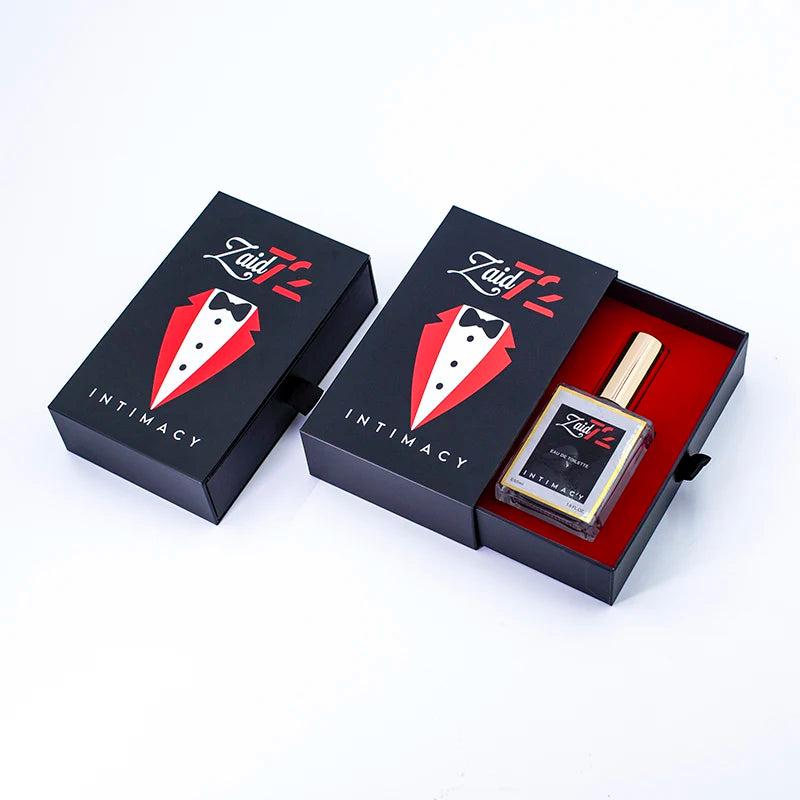 Custom Luxury 50ml Cardboard Drawer Pull-Out Paper Empty Handmade Black Gift Box Embossing Sponge Lining Recycled Materials