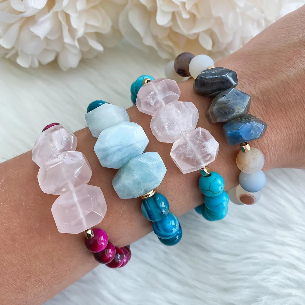 Women Agate Quartz Crystal JewelryNatural Large Semi-Precious Cut Nugget Stones With Classic Faceted Round Beads Bracelet