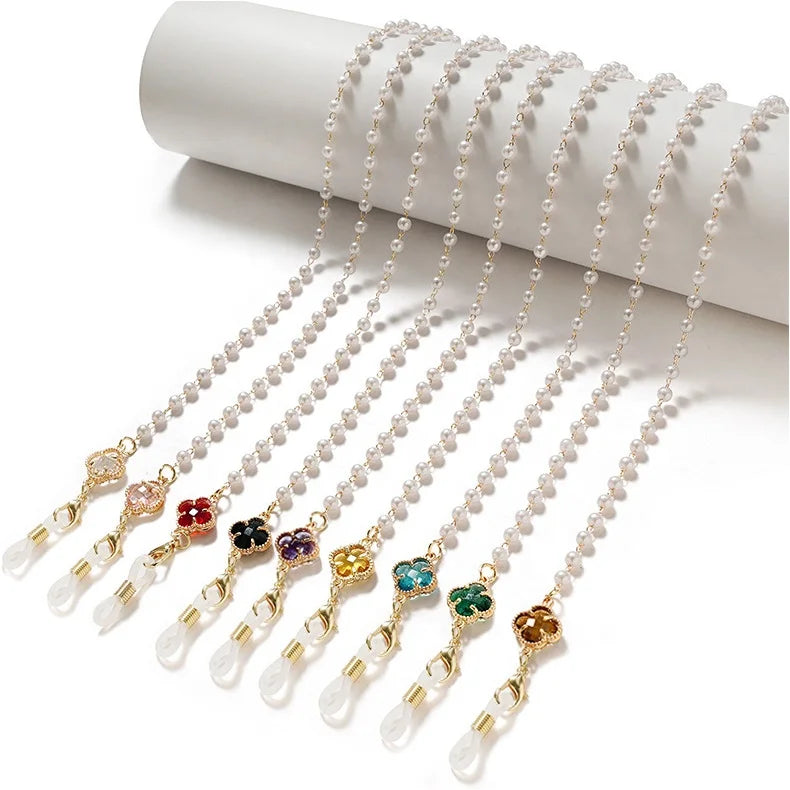 Pearl Crystal Clover Eyeglasses Chain Fashion Sunglasses Holder Necklace Eyewear Cords