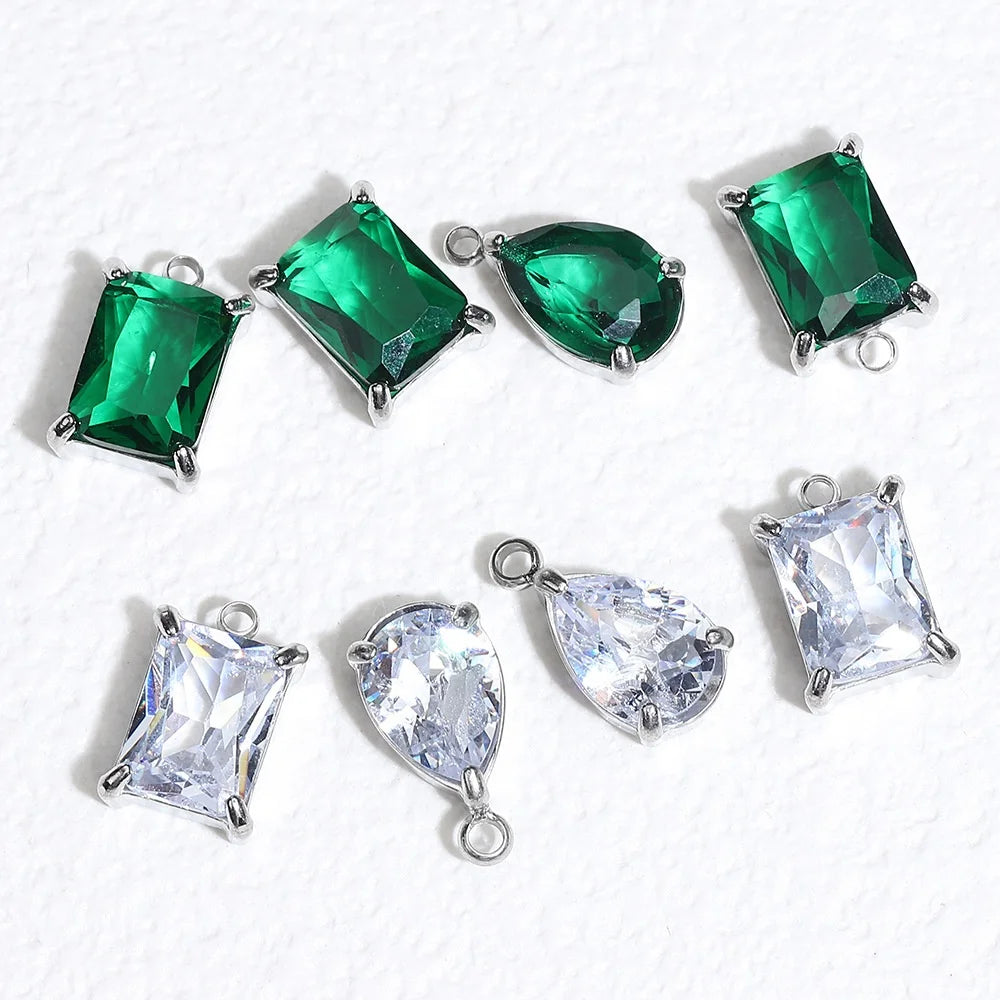 Tarnish Free Stainless Steel Rectangle Silver Zircon Stone Charms & Pendants for Charms Jewelry Making