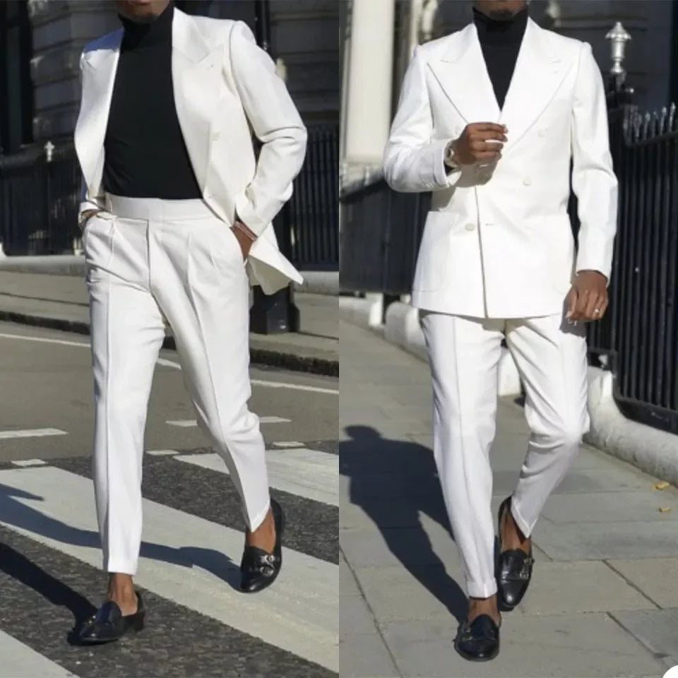 White Casual Street Men Suits Party Prom 2 Pieces (Jacket+Pant) Wedding Formal Tuxedo Gentlemen Groomsman Groom's Suit Blazer
