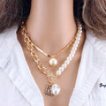 Vintage Bronze Figure Square Necklace Jewelry 18k PVD Gold Plated Bead Chain Baroque Natural Pearl Necklace for Women