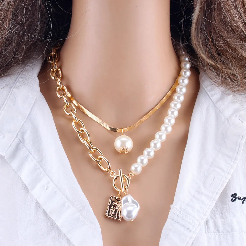 Vintage Bronze Figure Square Necklace Jewelry 18k PVD Gold Plated Bead Chain Baroque Natural Pearl Necklace for Women