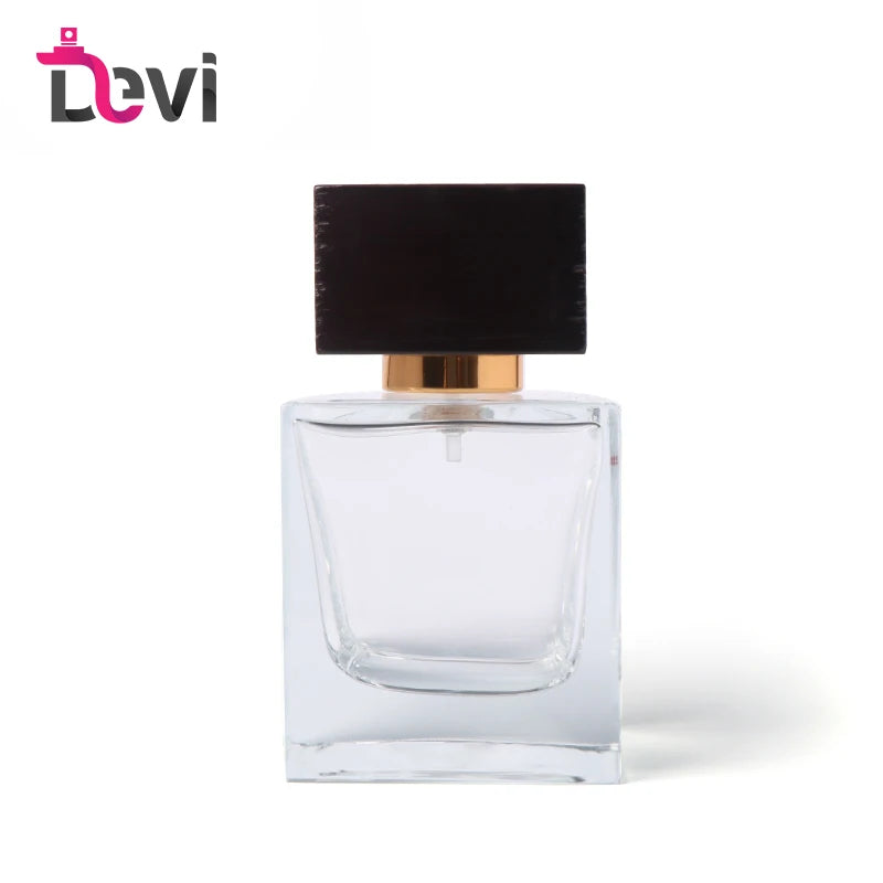 Devi Glass Perfume Bottles 30ML Square Mens Parfum Bottle with Brown Wooden Cap Empty Container Sprayer Fragrance Atomizer