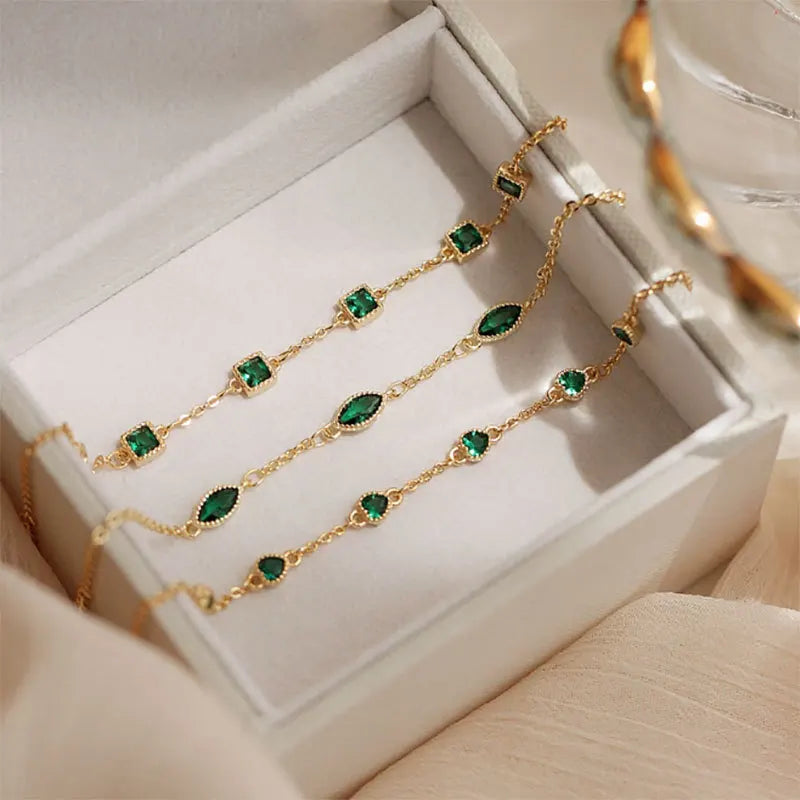 Square Green Zircon Bracelet Small Heart Shape 925 Sterling Silver Gold Plated Charm Bracelets Fine Jewelry for Women