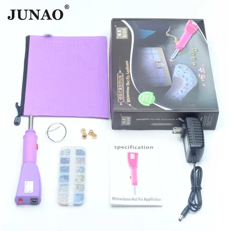 JUNAO Hot Drill Gun With 12 Grids Iron on Stones Set Violet Rhinestones Hot Fix Applicator Kits for DIY