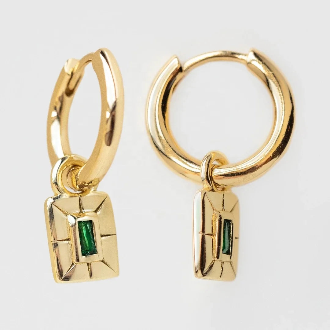 LOZRUNVE Vintage Rectangle Emerald CZ Charm Hoop Earrings 925 Sterling Silver