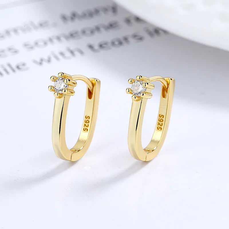 Fashion Jewelry 925 Sterling Silver Minimalist Earrings Simple U Shape Six Claws Zircon Gold Plated Hoop Earrings for Women