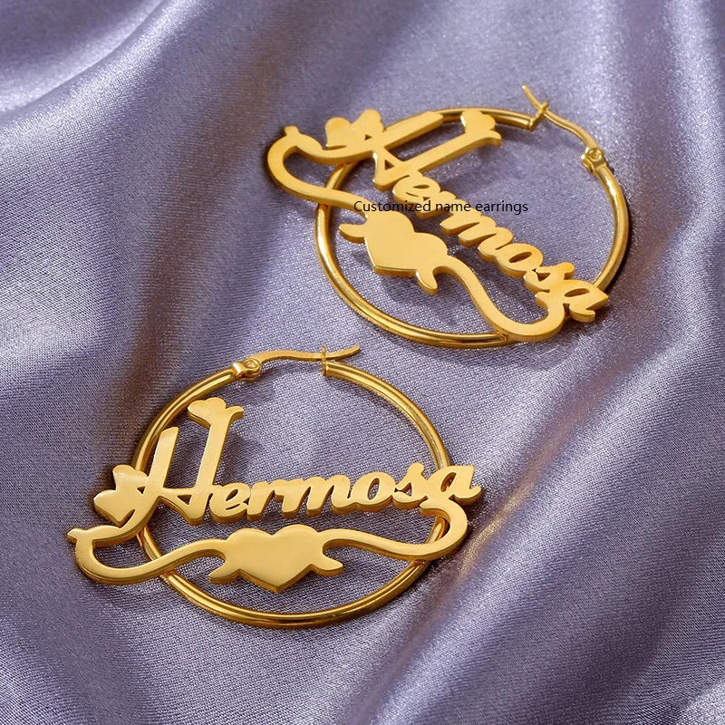 Customizable Fashion Jewelry Earrings with Name 18K Gold Plated Stainless Steel Circle Stud Earrings Ideal Mother's Day Gift