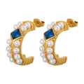 Luxury Blue Zircon Imitation Pearl Stainless Steel Filled Gold Earrings Women