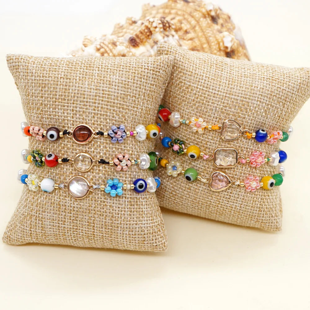 Summer Beach Colorful Baroque Natural Pearl Bracelet Seed Beads Devil Eye Cute Flower Bracelet Boho for Girls