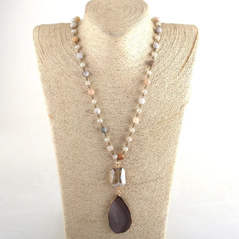 Women Bohemian Tribal Jewelry Crystal Rosary Chain Rectangle Link Drop Stone Pendant Necklace Natural Bamboo Agate Necklace